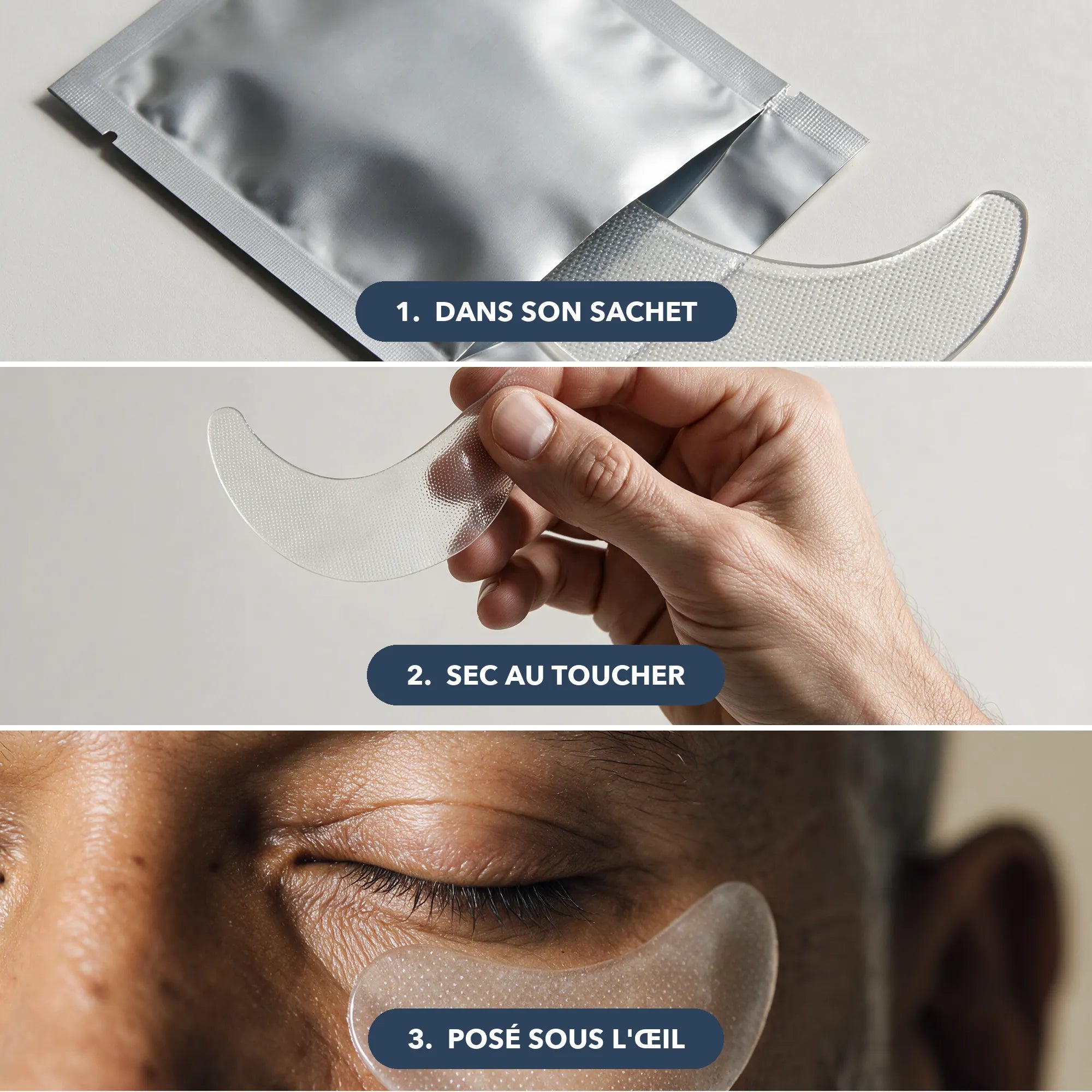 Démonstration en trois temps du patch Sarveni, dans son sachet, en main et posé sous l'œil