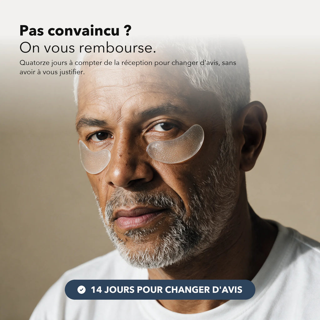 Homme portant les patchs Sarveni, garantie quatorze jours pour changer d'avis